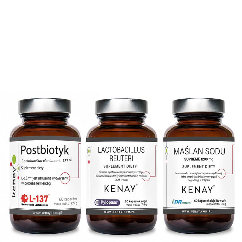 Kenay Wsparcie Mikroflory Jelitowej ZESTAW Maślan sodu 60 kaps + Lactobacillus Reuteri 60 kaps + Lactobacillus Plantarum 60 kaps