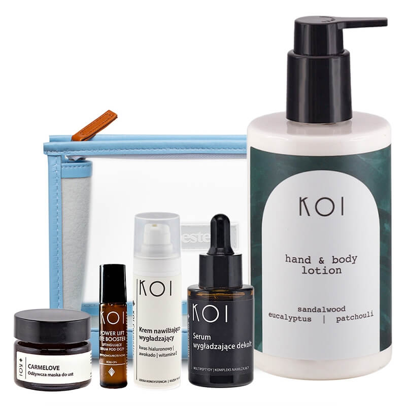 Koi Body and Face Love ZESTAW Serum pod oczy 10 ml + Krem do twarzy 30 ml + Balsam do ciała 300 ml + Serum do dekoltu 30 ml + Maska do ust 15 ml + kosmetyczka