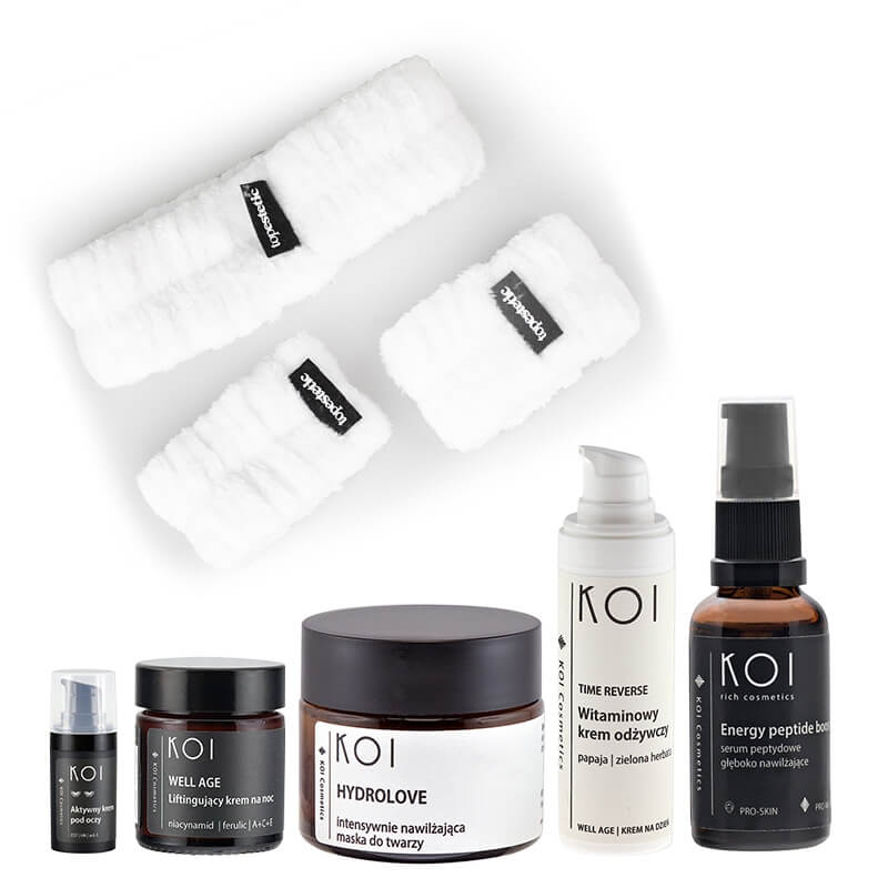 Koi Day and Night Love ZESTAW Krem pod oczy 15 ml + Krem na noc 30ml + Intensywnie nawilżająca maska 50 ml + Serum 30 ml + Opaski 2+2 szt.
