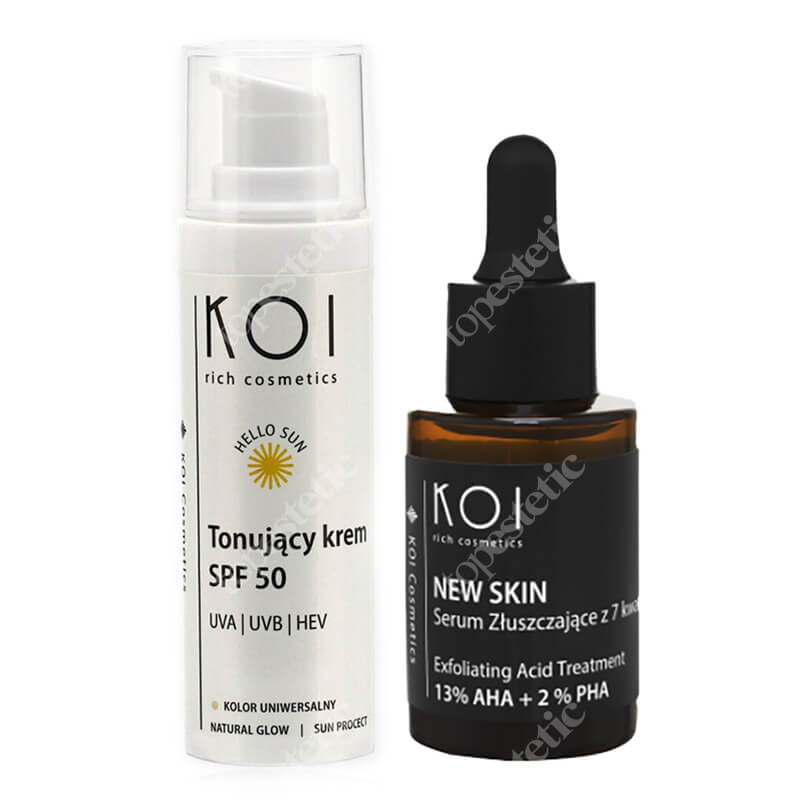 Koi Serum Złuszczające z 7 Kwasami + Hello Sun ZESTAW Kompleks 15% kwasów AHA i PHA 30 ml + Tonujący krem z filtrem SPF 50 30 ml