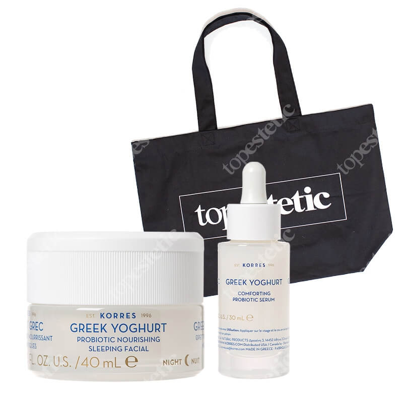 Korres Greek Yoghurt Comforting Probiotic Set ZESTAW Serum z probiotykami 30 ml + Odżywcza krem-maska z probiotykami na noc 40 ml + Bawełniana duża 1 szt