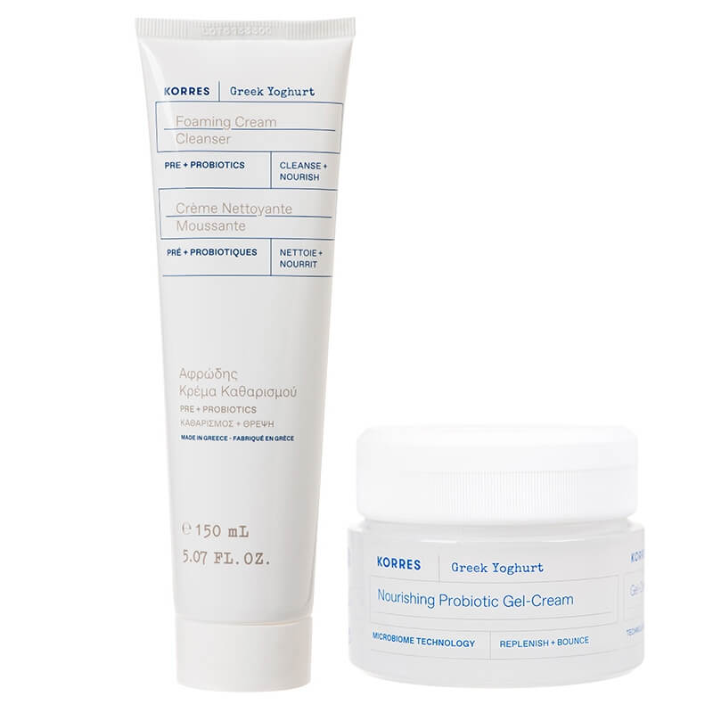 Korres Greek Yoghurt Foaming Cream + Greek Yoghurt Probiotic Moisturiser ZESTAW Kremowy żel do mycia twarzy z probiotykami 150 ml + Kojący krem nawilżający z probiotykami dla skóry normalnej i mieszanej 40 ml