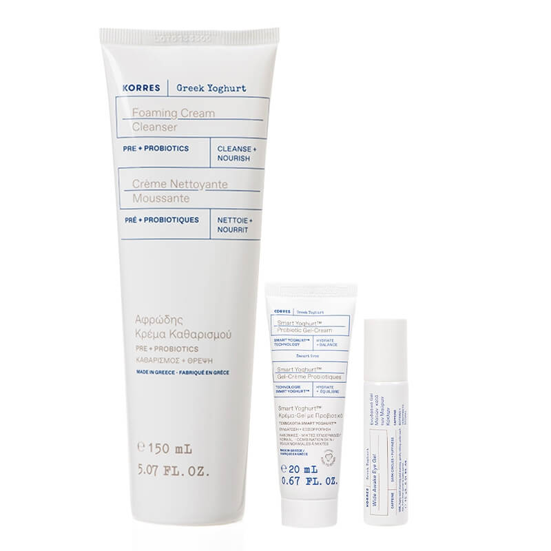 Korres Greek Yoghurt Set ZESTAW Żel do mycia twarzy 150 ml + Żel pod oczy roll-on 15 ml + Żel-krem probiotyczny 20 ml