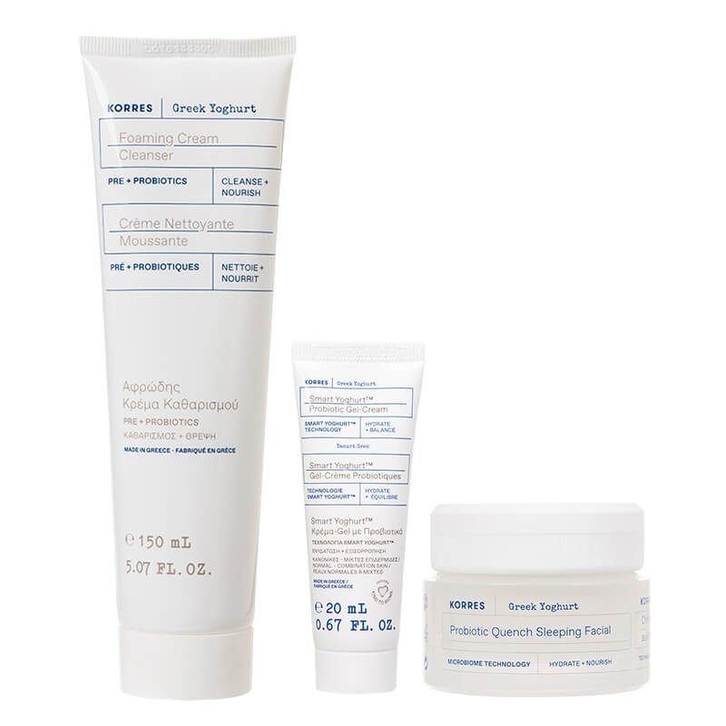 Korres Greek Yoghurt Skin Care ZESTAW Żel do mycia twarzy 150 ml + Żel-krem probiotyczny 20 ml + Odżywcza krem-maska na noc 40 ml