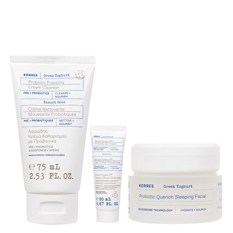 Korres Greek Yoghurt Smart Set ZESTAW Żel do mycia twarzy 75 ml + Krem-maska na noc 40 ml + Żel-krem probiotyczny 20 ml