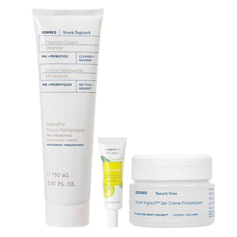 Korres Smart Care ZESTAW Chłodząca maska pod oczy z ogórkiem 8 ml + Krem nawilżający 40 ml + Kremowy żel do mycia twarzy 150 ml