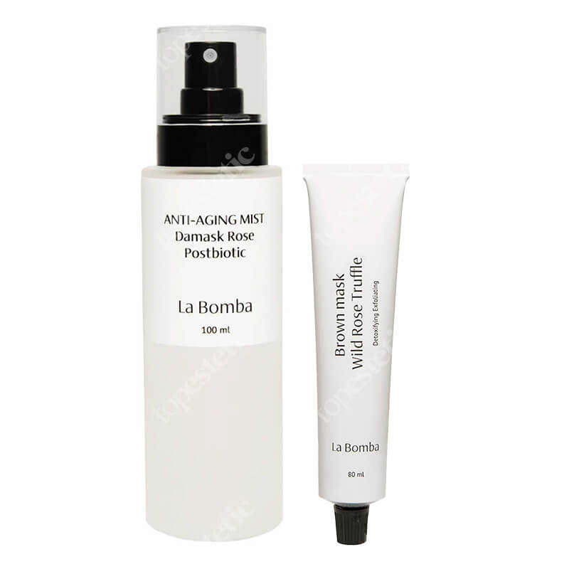 La Bomba Brown Mask + Anti-Aging Mist ZESTAW Maseczka peelingująca do każdego rodzaju cery 80 ml + Mgiełka nawilżająco-wygładzająca o zapachu geranium 100 ml