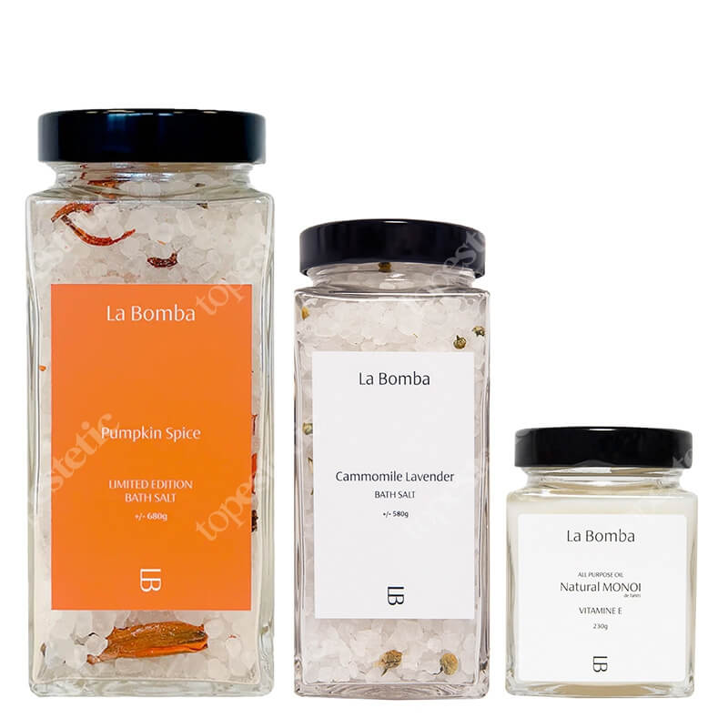 La Bomba Camomile Lavender + Pumpkin Spice + Natural Monoi ZESTAW Sól o zapachu lawendy 580 g + Sól z olejkiem cynamonowym i jałowcowym 680 g + Olej Monoi 230