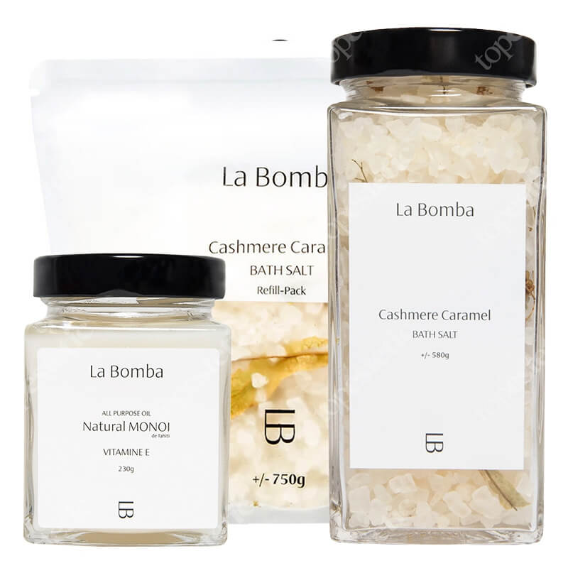 La Bomba Cashmere Caramel + Monoi ZESTAW Sól do kąpieli 580 g + Uzupełnienie 750 g + Olej Monoi 230 g