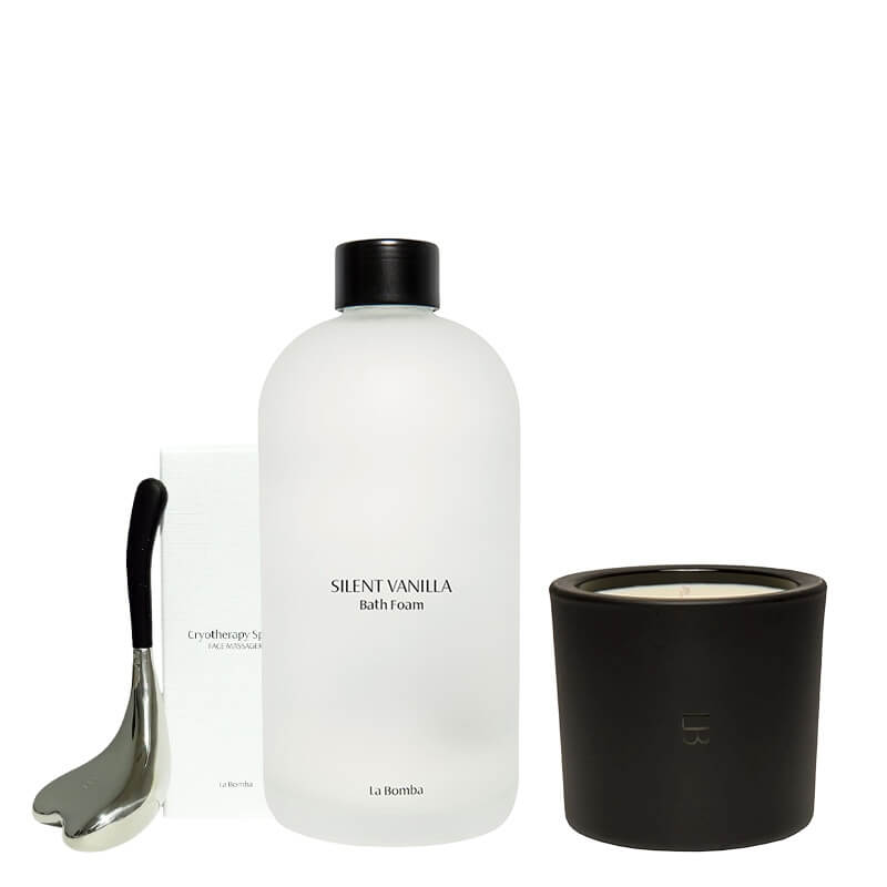 La Bomba Cryotherapy Spoon + Silent Vanilla + Pumpkin Spice ZESTAW Łyżka do masażu twarzy 1 szt + Płyn do kąpieli 500 ml + Świeca 230 g