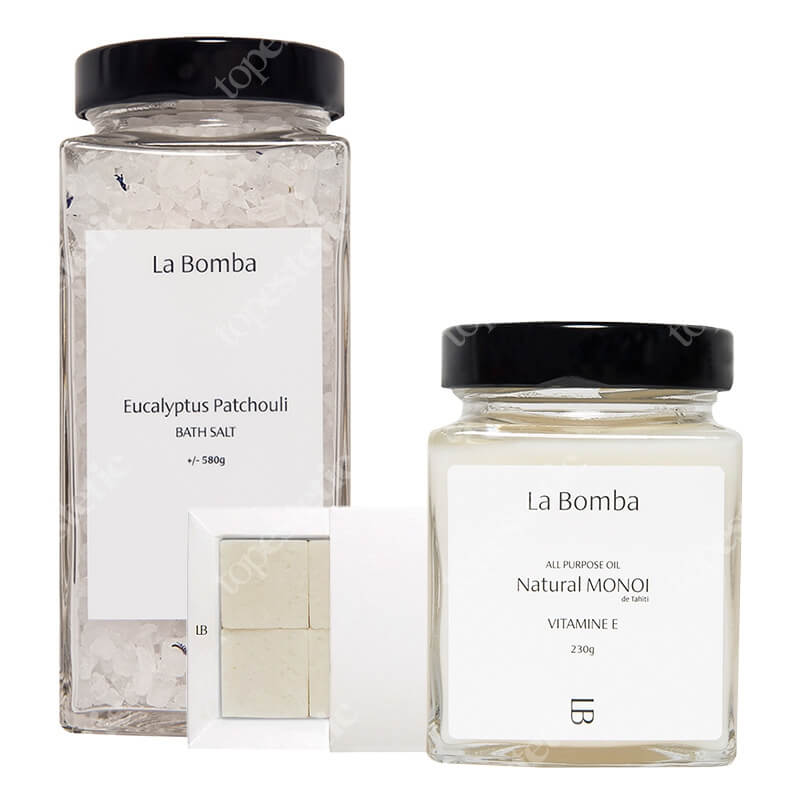La Bomba Eucalyptus Patchouli + Body Scrub Cubes + Natural Monoi ZESTAW Sól do kąpieli 580 g + Kostki peelingujące 6 x 40 g + Olej Monoi 230 g