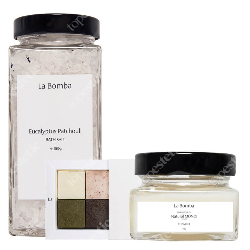 La Bomba Eucalyptus Patchouli + Discovery Set + Monoi - Travel Size ZESTAW Sól do kąpieli 580 g + Kostki peelingujące 4x40 g + Olej Monoi 90 g