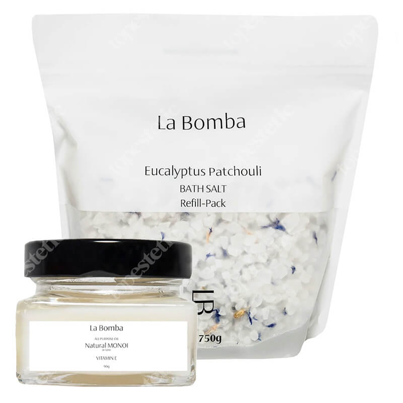 La Bomba Eucalyptus Patchouli Refill Pack + Natural Monoi Vitamine E - Travel Size ZESTAW Sól do kąpieli - uzupełnienie 750 g + Unikalny, tradycyjny olej Monoi 90 g