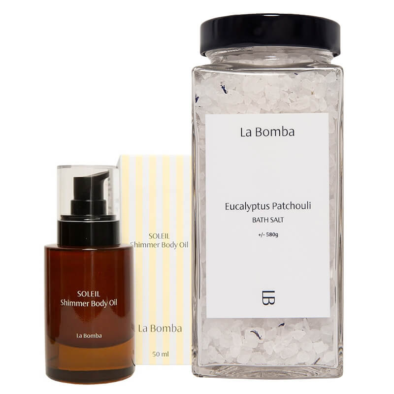 La Bomba Eucalyptus Patchouli + Shimmer Body Oil ZESTAW Sól do kąpieli z olejkami eukaliptusa i paczuli 580 g + Rozświetlający olejek do ciała 50 ml