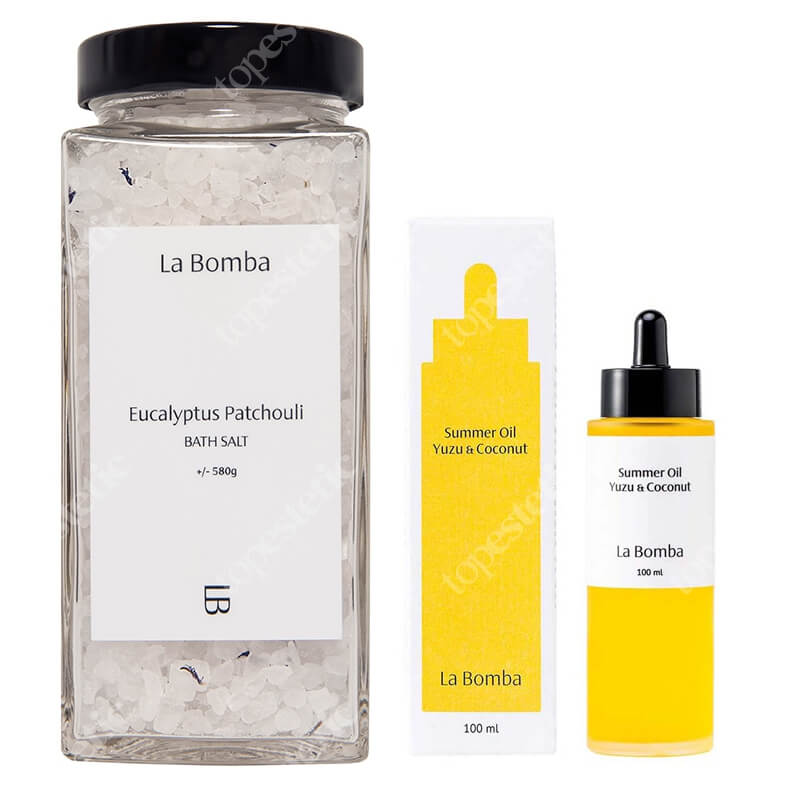 La Bomba Eucalyptus Patchouli + Summer Oil Yuzu Coconut ZESTAW Sól do kąpieli z olejkami eukaliptusa i paczuli 580 g + Olejek do ciała 100 ml