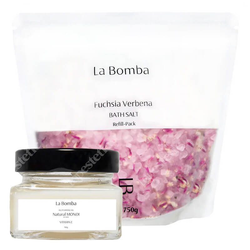 La Bomba Fuchsia Verbena Refill Pack + Natural Monoi Vitamine E - Travel Size ZESTAW Sól do kąpieli - uzupełnienie 750 g + Unikalny, tradycyjny olej Monoi 90 g