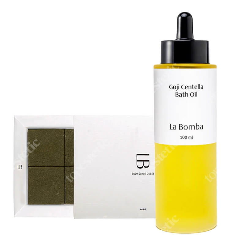 La Bomba Goji Centella Bath Oil + Body Scrub Cubes ZESTAW Olejek do kąpieli 100 ml + Kostki peelingujące 6 x 40 g