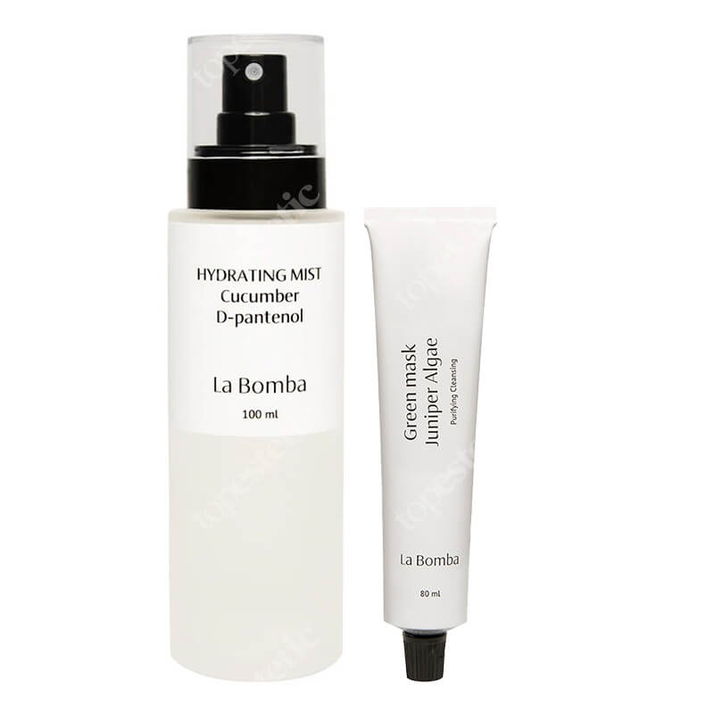 La Bomba Green Mask + Hydrating Mist ZESTAW Maseczka oczyszczająca do cery trądzikowej, tłustej i mieszanej 80 ml + Mgiełka nawilżająco-kojąca o zapachu ogórka 100 ml