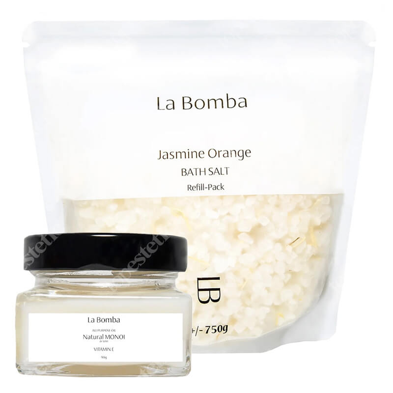 La Bomba Jasmine Orange Refill Pack + Natural Monoi Vitamine E - Travel Size ZESTAW Sól do kąpieli - uzupełnienie 750 g + Unikalny, tradycyjny olej Monoi 90 g