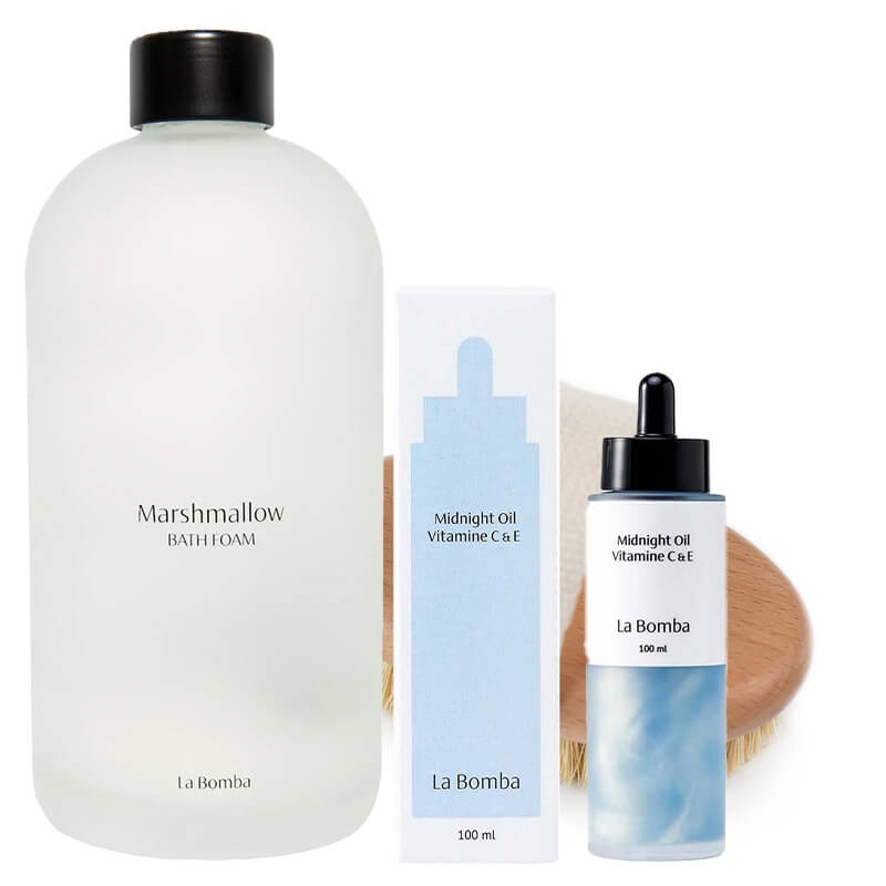La Bomba Marshmallow Bath Foam + Midnight Oil Vitamine C E + Szczotka do Masażu Ciała Topestetic ZESTAW Bezwonny płyn do kąpieli 500 ml + Olejek do ciała 100 ml + Szczotka 1 szt