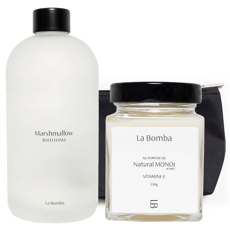 La Bomba Marshmallow Bath Foam + Natural Monoi Vitamine E ZESTAW Bezwonny płyn do kąpieli 500 ml + Olej Monoi 230 g + Kosmetyczka 1 szt