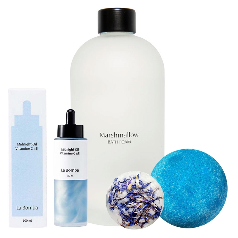 La Bomba Marshmallow + Midnight + Relax + Seaside ZESTAW Bezwonny płyn do kąpieli 500 ml + Olejek do ciała 100 ml + Kula 125 g + Creamer 50 g