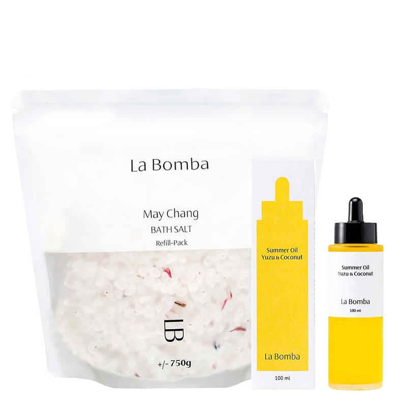 La Bomba May Chang + Summer Oil Yuzu Coconut ZESTAW Sól do kąpieli - uzupełnienie 750 g + Olejek do ciała 100 ml
