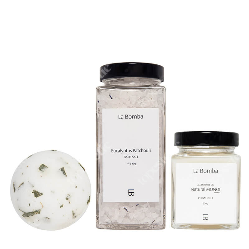 La Bomba Natural Monoi Vitamine E + Eucalyptus Patchouli + Bondi Beach ZESTAW Olej Monoi 230 g + Sól do kąpieli z olejkami eukaliptusa i paczuli 580 g + Kula na bazie olejku z eukaliptusa 1 szt.
