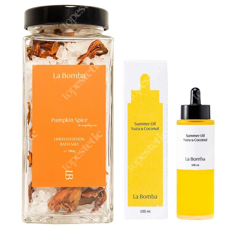 La Bomba Pumpkin Spice + Summer Oil Yuzu Coconut ZESTAW Sól do kąpieli o zapachu wanilii, korzennego cynamonu i pomarańczy 580 g + Olejek do ciała 100 ml