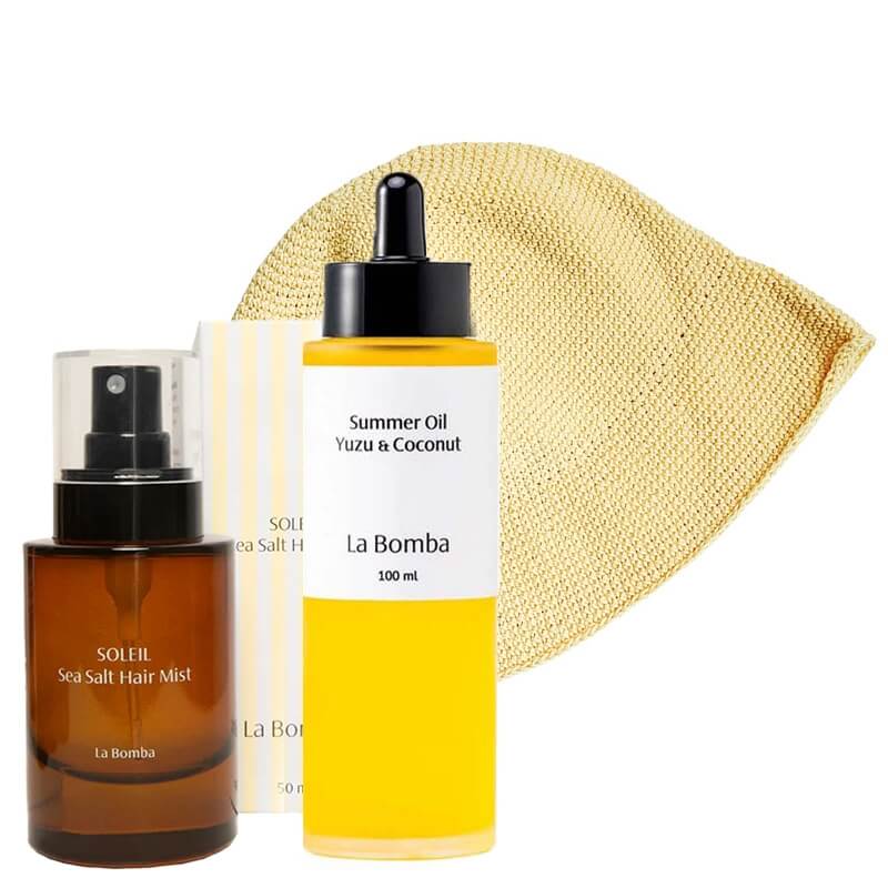 La Bomba Sea Salt Hair Mist + Summer Oil + Bucket Hat ZESTAW Mgiełka do włosów z solą morską 50 ml + Olejek do ciała 100 ml + Bawełniany kapelusz (kolor Butter Yellow) 1 szt