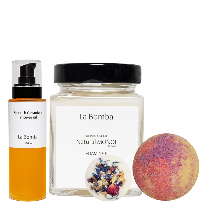 La Bomba Smooth Geranium + Natural Monoi + Energy + Amalfi ZESTAW Olejek pod prysznic 100 ml + Olej Monoi 230 g + Kula 125 g + Creamer 50 g