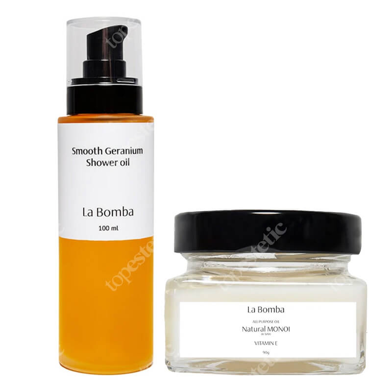 La Bomba Smooth Geranium + Natural Monoi Vitamine E ZESTAW Olejek pod prysznic 100 ml + Olej Monoi 90 g