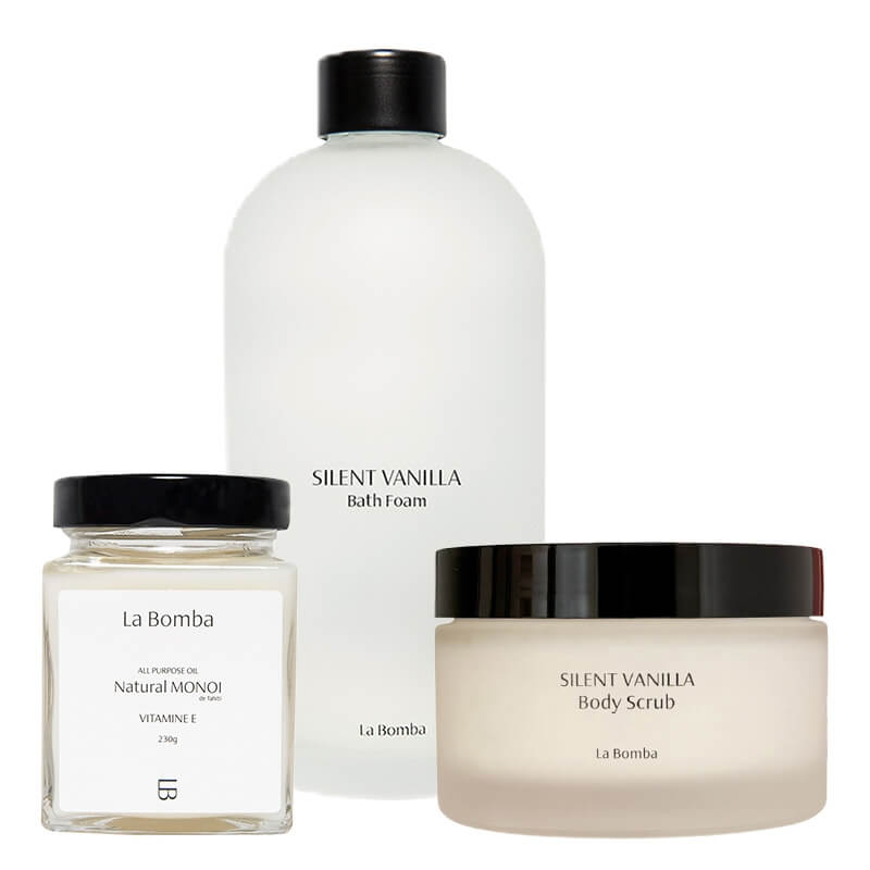 La Bomba Soft Skin Kit ZESTAW Płyn do kąpieli 500 ml + Peeling do ciała 230 g + Olej Monoi 230 g