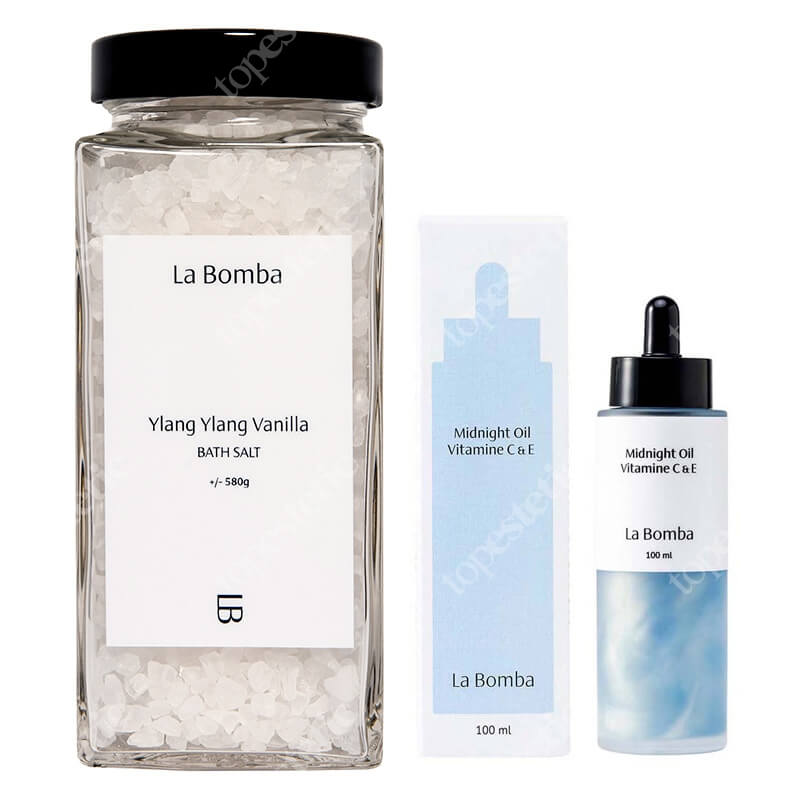 La Bomba Ylang-Ylang Vanilla + Midnight Oil Vitamine C E ZESTAW Sól do kąpieli z olejkiem Ylang-Ylang o zapachu wanilii 580 g + Olejek do ciała o zapachu Neroli i Wanilii 100 ml