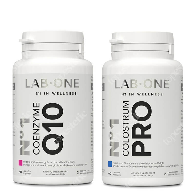 Lab One No1 Coenzyme Q10 + No1 Colostrum Pro ZESTAW Koenzym Q10 - zdrowa i piękna skóra 60 kaps. + Naturalne wsparcie dla układu immunologicznego 60 kaps.