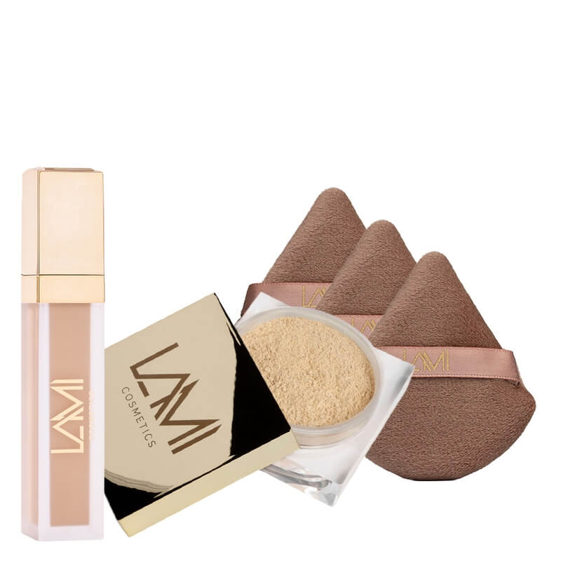Lami Cosmetics Concealer Sand + Eye Powder + Puff x 3 ZESTAW Kremowy korektor pod oczy (kolor Sand) 10 ml + Wygładzająco–rozjaśniający puder pod oczy i na środek twarzy 8,5 g + Puszek x 3