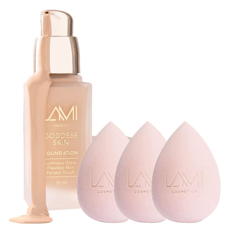 Lami Cosmetics Goddess Skin Radiant Skin Foundation + Makeup Blender Sponge x 3 ZESTAW Podkład rozświetlający z efektem glow (kolor Light Warm) 30 ml + Gąbka do makijażu 1 szt x 3