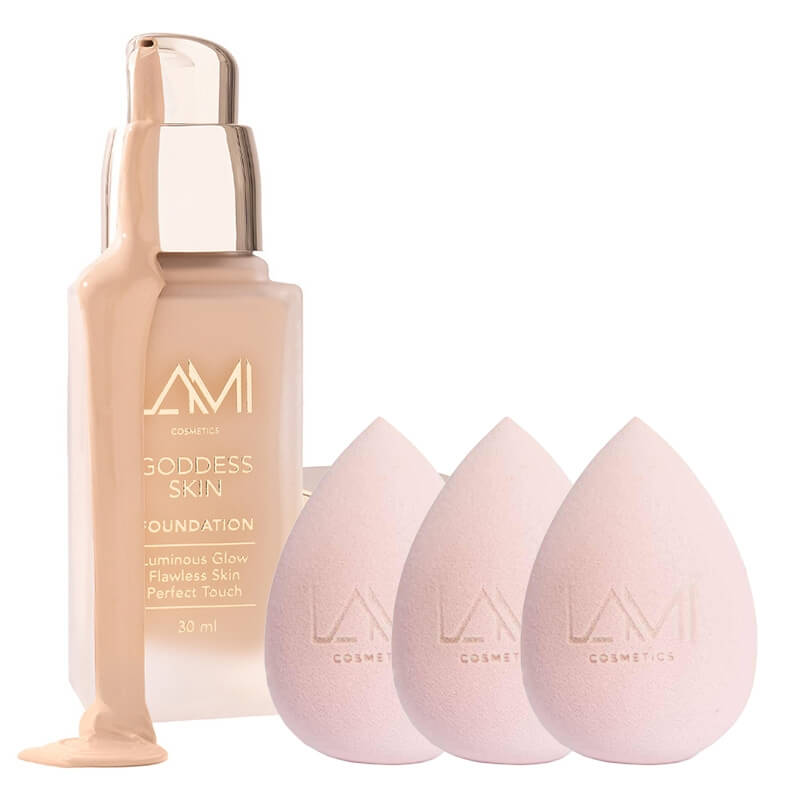 Lami Cosmetics Goddess Skin Radiant Skin Foundation + Makeup Blender Sponge x 3 ZESTAW Podkład rozświetlający z efektem glow (kolor Medium Warm) 30 ml + Gąbka do makijażu 1 szt x 3