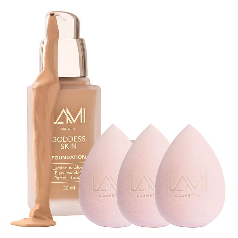 Lami Cosmetics Goddess Skin Radiant Skin Foundation + Makeup Blender Sponge x 3 ZESTAW Podkład rozświetlający z efektem glow (kolor Tan) 30 ml + Gąbka do makijażu 1 szt x 3