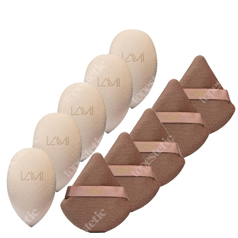 Lami Cosmetics Makeup Set ZESTAW Puszek do pudru 1 szt x 5 + Gąbka do makijażu 1 szt. x 5