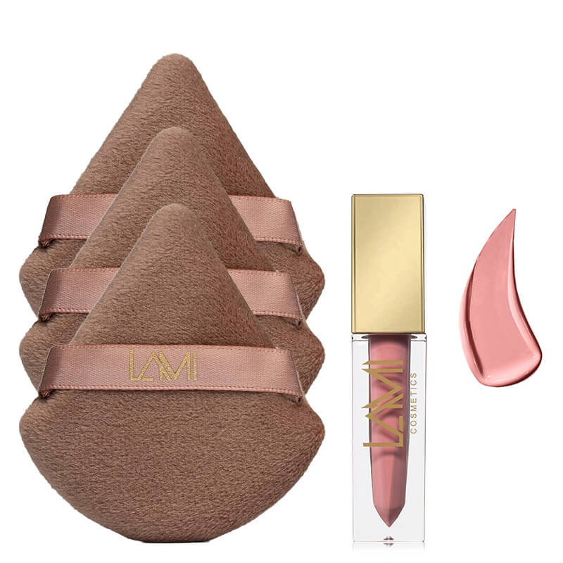 Lami Cosmetics Matte, Liquid Lipstick + Puszek do pudru x 3 ZESTAW Pomadka kolor - Charming (08) 5 g + Trójkątny welurowy puszek do pudru 1 szt x 3