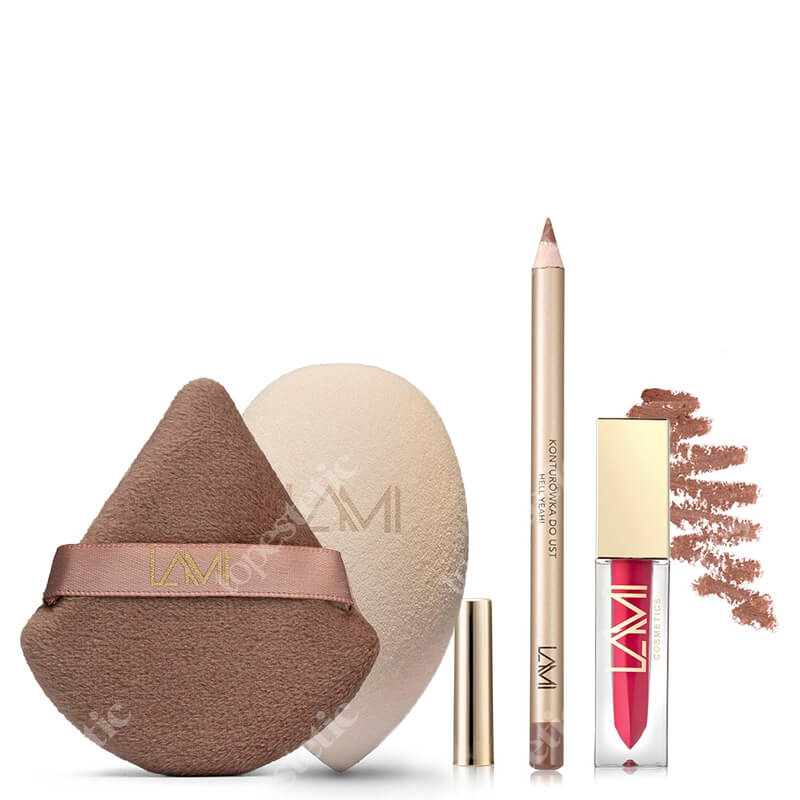 Lami Cosmetics Sassy Set ZESTAW Puszek do pudru 1 szt + Gąbka do makijażu 1 szt. + Konturówka 1,4 g + Pomadka 5 g