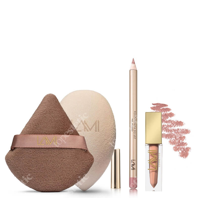 Lami Cosmetics Summer Peach Set ZESTAW Puszek do pudru 1 szt + Gąbka do makijażu 1 szt. + Konturówka 1,4 g + Pomadka 5 g