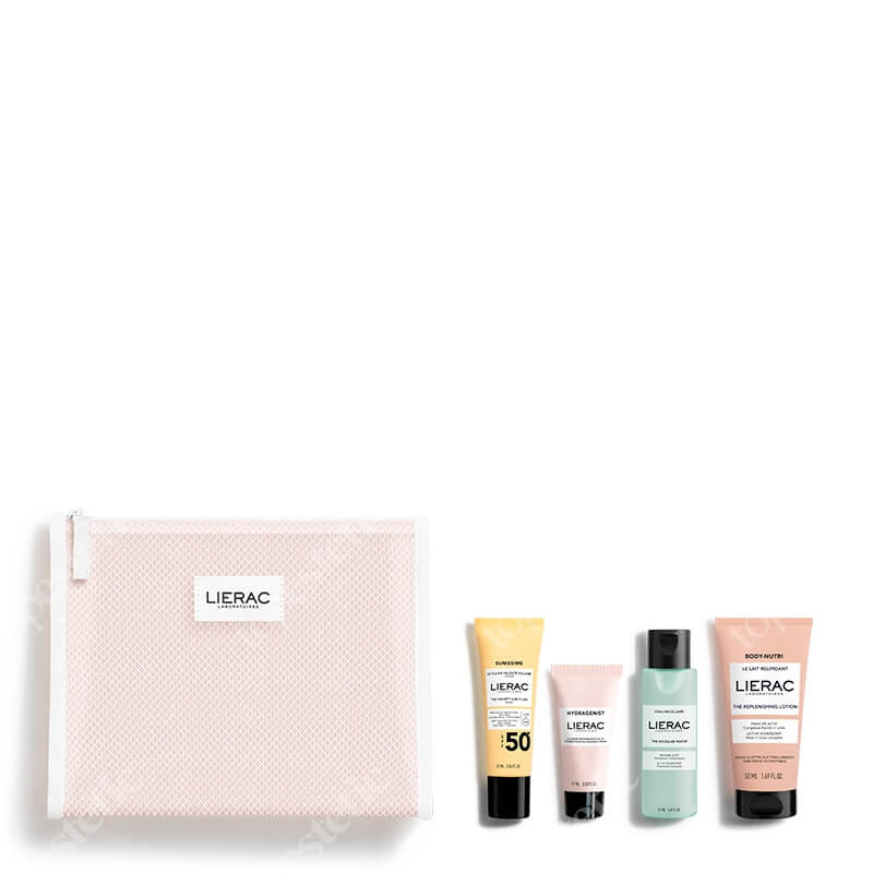 Lierac Beauty To Go ZESTAW Emulsja ochronna SPF 50 25 ml + Krem-żel rozświetlający 15 ml + Woda micelarna 50 ml + Balsam regenerujący 50 ml
