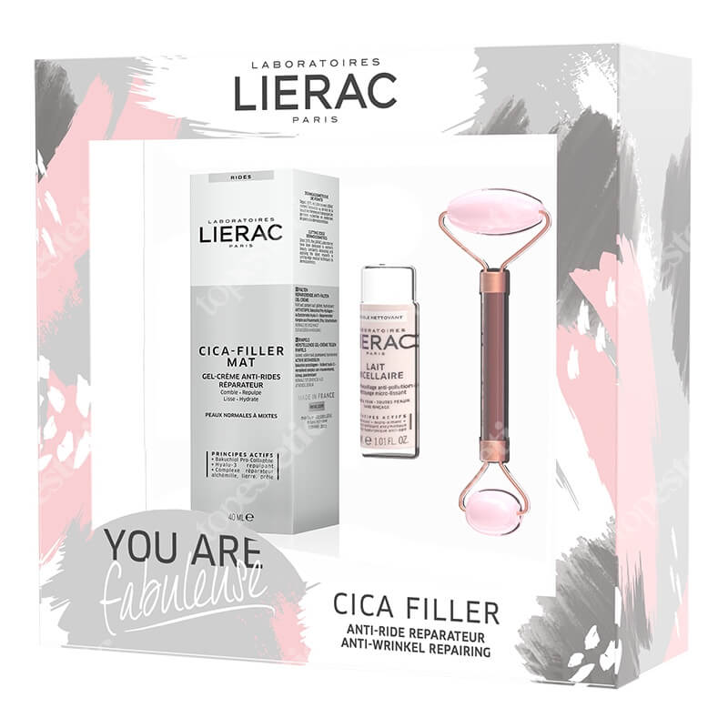 Lierac Cica Filler Set ZESTAW Żel 40 ml + Mleczko micelarne 30 ml + Roller do twarzy z różowego kwarcu