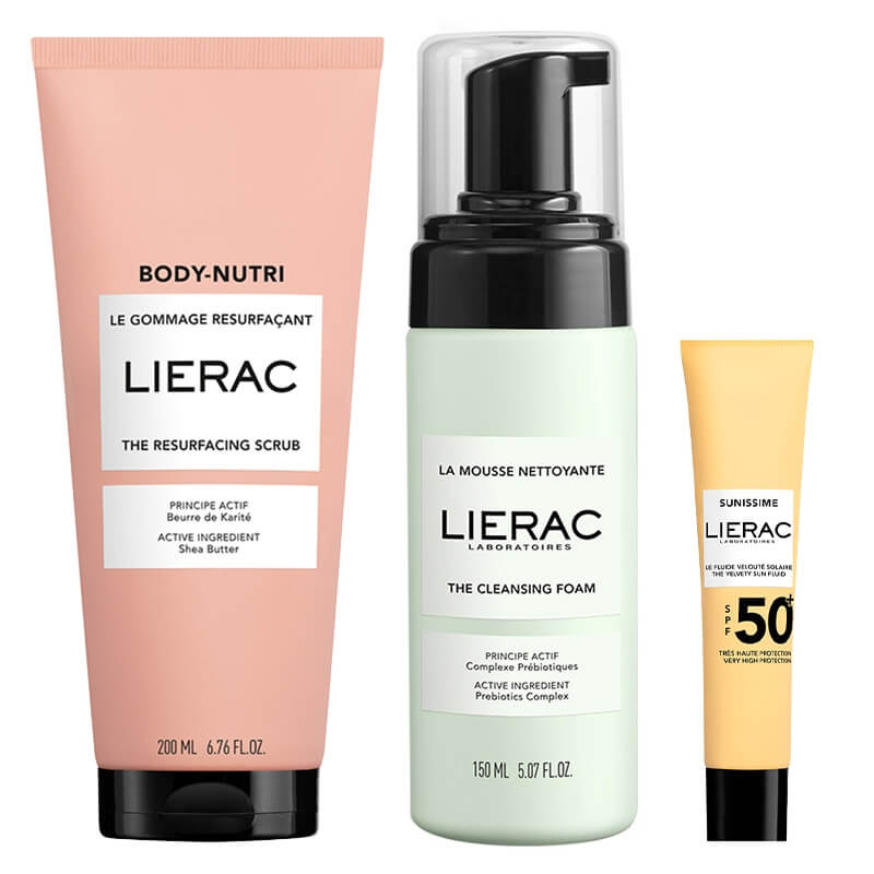 Lierac Sommer Pack ZESTAW Peeling 200 ml + Emulsja ochronna SPF 50 40 ml + Pianka oczyszczająca 150 ml