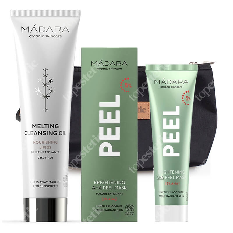 Madara Brightening AHA Peel Mask + Melting Cleasing Oil ZESTAW Rozjaśniająco-peelingująca maseczka 60 ml + Topniejący olejek oczyszczający 100 ml + Kosmetyczka 1 szt