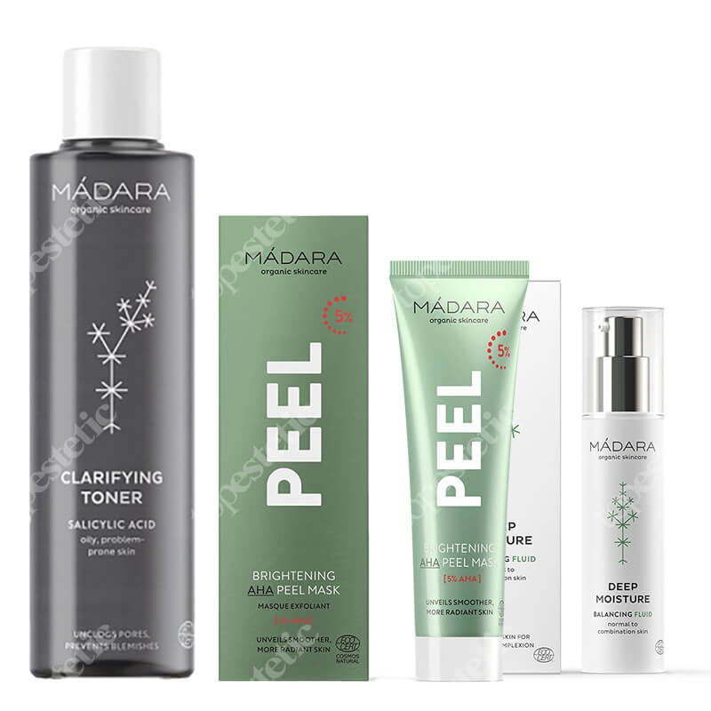 Madara Clarifying Toner + Brightening AHA Peel Mask + Light Deep Moisture Fluid ZESTAW Tonik 200 ml + Maseczka 60 ml + Lekki krem nawilżający 50 ml