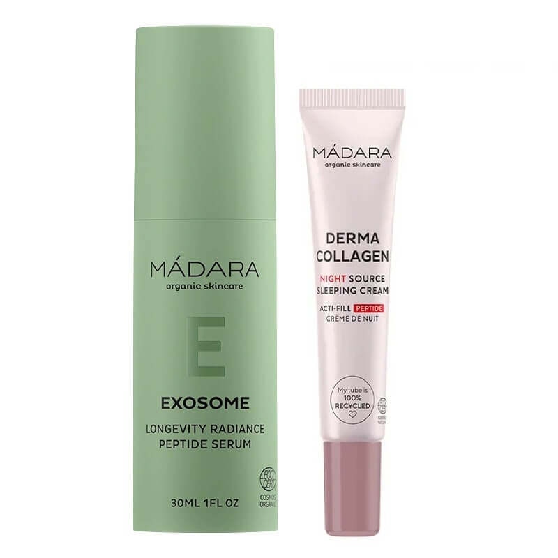 Madara Exosome Longevity + Derma Collagen Night Source ZESTAW Rozświetlające serum peptydowe 30 ml + Krem na noc 15 ml