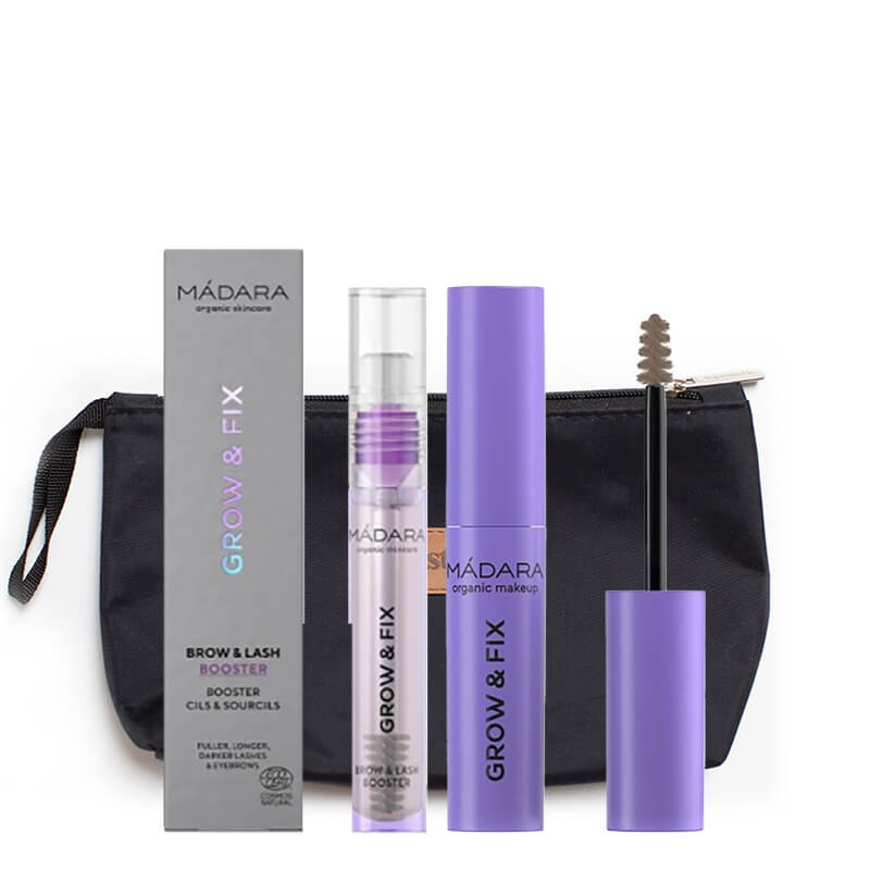 Madara Grow and Fix Serum + Brow and Lash Booster ZESTAW Serum do brwi (kolor Frosty Taupe nr 3) 4,25 ml + Bezbarwne serum do brwi i rzęs 4,25 ml + Kosmetyczka 1 szt